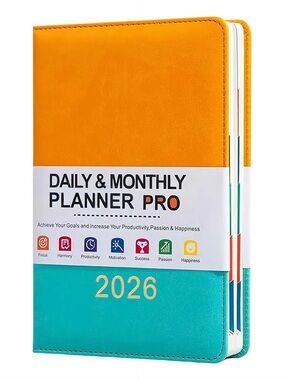Plannity 2026 Daily & Monthly Pro Planner - Yellow and Teal Faux Leather Binder